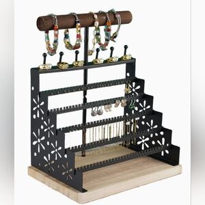 Tiered Black Metal and Wood Jewelry Organizer